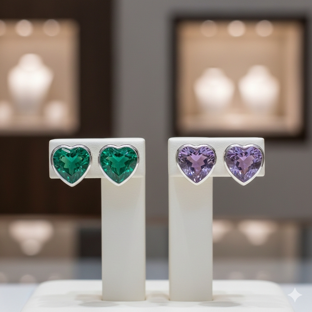 Heart-shaped cubic zirconia earrings in .925 sterling silver from Taxco, Mexico
